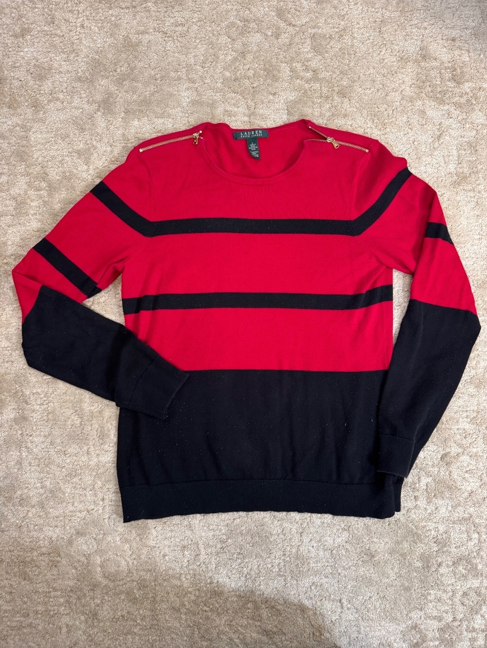 Lauren Ralph Lauren Red and Black Striped Cotton Sweater with Shoulder Zippers